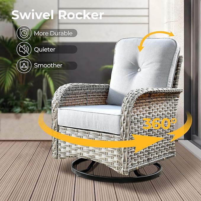 HOOOWOOO Outdoor Sectional Patio Furniture Set with Fire Pit Table,15 Pieces Wicker Conversation Sets L Shaped Couch,Extra Deep Out Door Sofa Outside Furniture with Swivel Chairs Ottomans,Light Gray