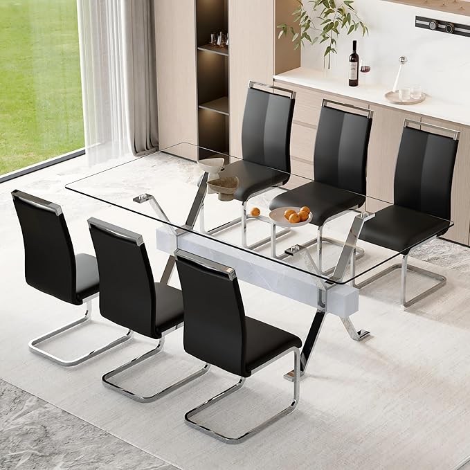 7 Piece Glass Dining Table Set, 79" Modern Dining Table Set for 6, 0.5" Thick Tempered Glass Tabletop with Silver Chrome Metal Legs and Grey Crossbar, 6 PU Chairs for Dining Room, Kitchen