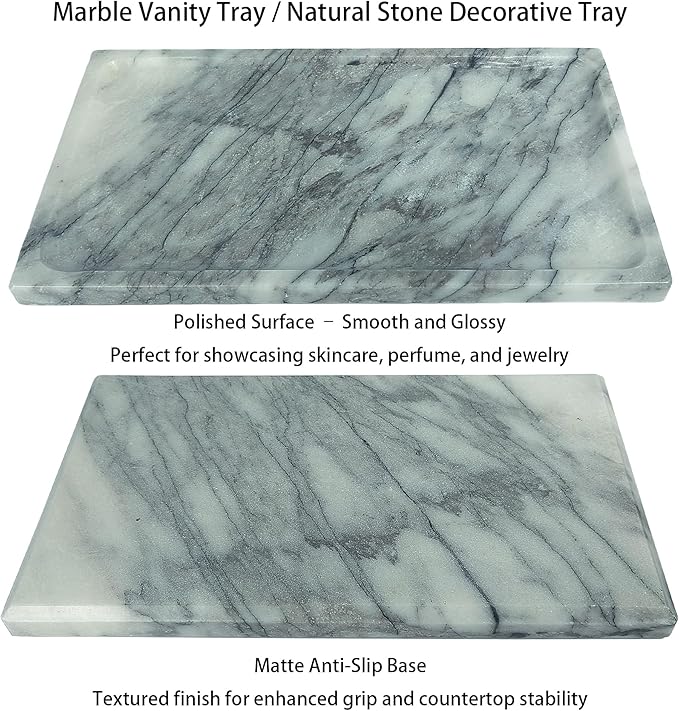 White Marble Vanity Tray – 10.63"x5.91" Rectangular Natural Stone Organizer for Bathroom Perfume Makeup Jewelry Dresser Entryway