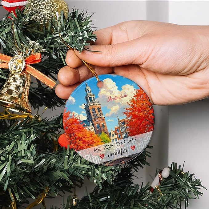 Custom Text/Name Amsterdam Capital Scenery Ceramic Christmas Ornament, Personalized Amsterdam Netherlands Ornament 2025, European Travel Souvenir Collection Xmas Tree Ornaments Gift for Family Friend