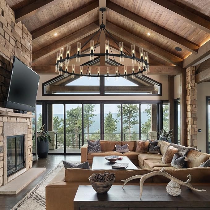 Black Wagon Wheel Chandelier, 70 Inch Glass Chandeliers, 24 Light Chandelier for High Ceiling, Modern Farmhouse Chandeliers for Living Room, Dining Room, Entryway, Stairwell(Bulbs Included)