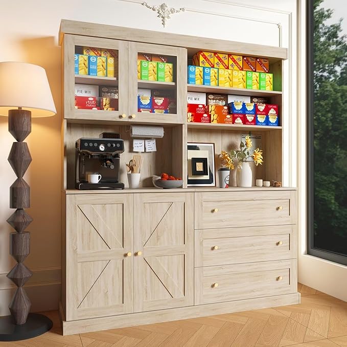 71" Brown Farmhouse Kitchen Pantry Cabinet Set of 2— Freestanding Coffee Bar with Glass Doors or Drawers, Microwave Stand, Large Storage Hutch with Adjustable Shelves for Kitchen, Living Room