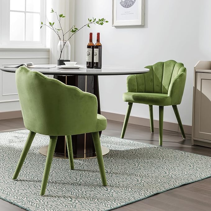 Modern Velvet Dining Chairs Set of 2 Chic Accent Chair Upholstered Side Chairs with Wood Legs for Kitchen/Living Room, Olive Green