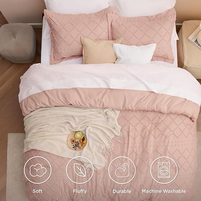 Bedsure Queen Comforter Set - Coral Pink Comforter, Boho Tufted Shabby Chic Bedding for Kids, 3 Pieces Vintage Farmhouse Bed Set for All Seasons, Fluffy Soft Bedding with 2 Pillow Shams