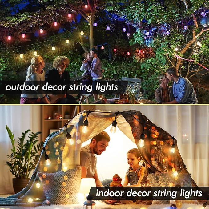 48FT RGB Outdoor String Lights, 15 Shatterproof Edison LED Bulbs, Waterproof Color Changing Patio Lights with Remote. Dimmable Decorative Lighting for Backyard, Camping.