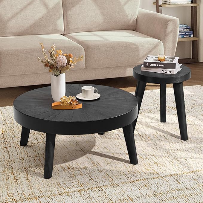 Farmhouse Round Coffee Table Set of 3, Black Sofa Side Nesting Tables End Table Set with Wood Natural Finish for Living Room, Bedroom, Home Office, Conference