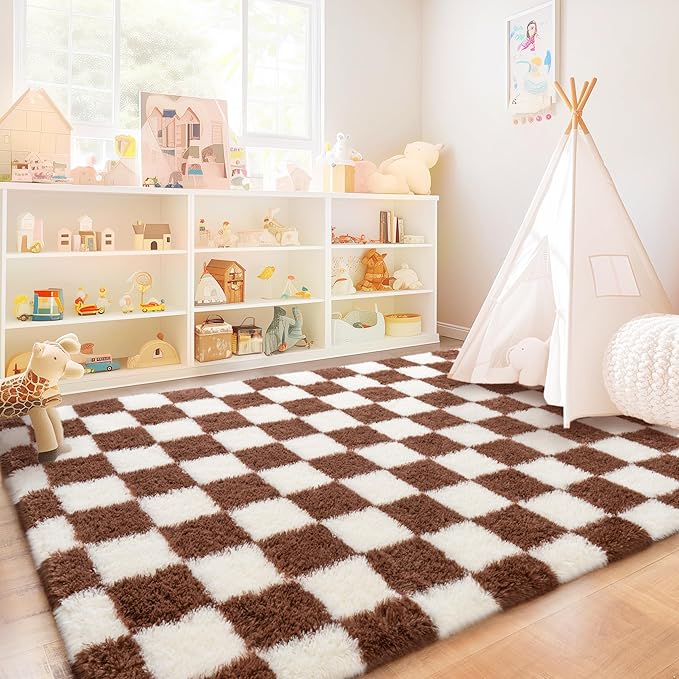 Checkered Rug for Living Room 6x9, Ultra Fluffy Fuzzy Shag Large Area Rug for Bedroom, Modern Plush Soft Upgrade Non-Slip Carpet for Kids Girls and Boys Room Dorm Home Decor, Cream and Coffee