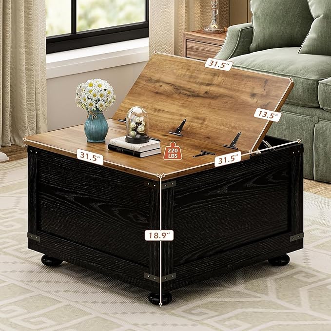 Farmhouse Coffee Table with Storage, Black Lift Coffee Tables for Living Room, Square Coffee Table with Wood Gourd Feet and Hydraulic Gas Rod, Black