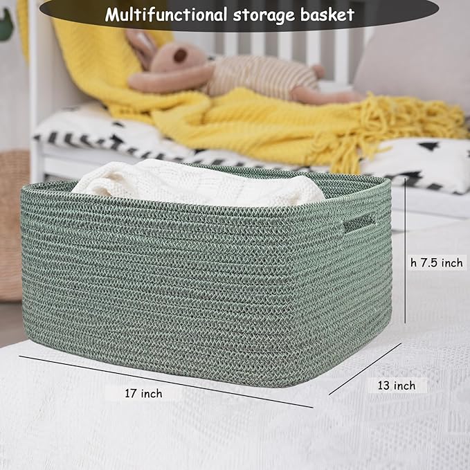 COMFY-HOMI 3 pcs Large Storage Baskets for Shelves, Laundry Basket, Woven Rope Basket, Closet Organizer Bins for Clothes Blanket Towels, Baby Nursery, Gift Toy Baskets, 17” x 13” x 7.5”-green