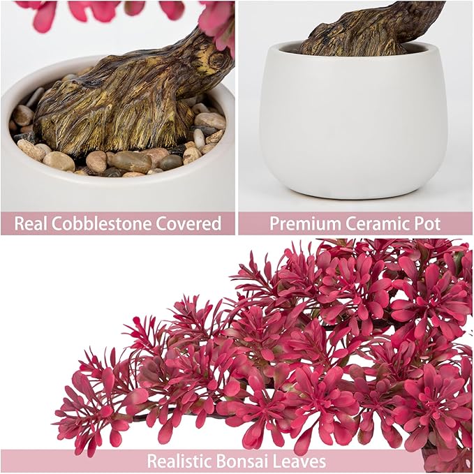 Pink Bonsai Tree Juniper Faux Plants Indoor Pink Fake Plants Decor with Ceramic Pots for Home Table Office Desk Bathroom Shelf Bedroom Living Room Farmhouse Decorations