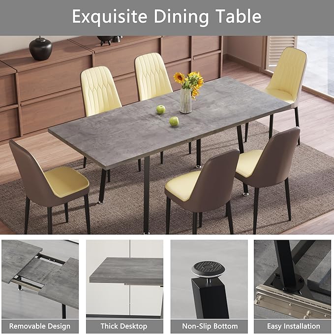 7 Piece Dining Table Set for 6-8,55-71" Extendable Dining Table Set with 6 Upholstered Chairs,Rectangle Kitchen Table Set for Small Space,Dining Room and Office,Grey