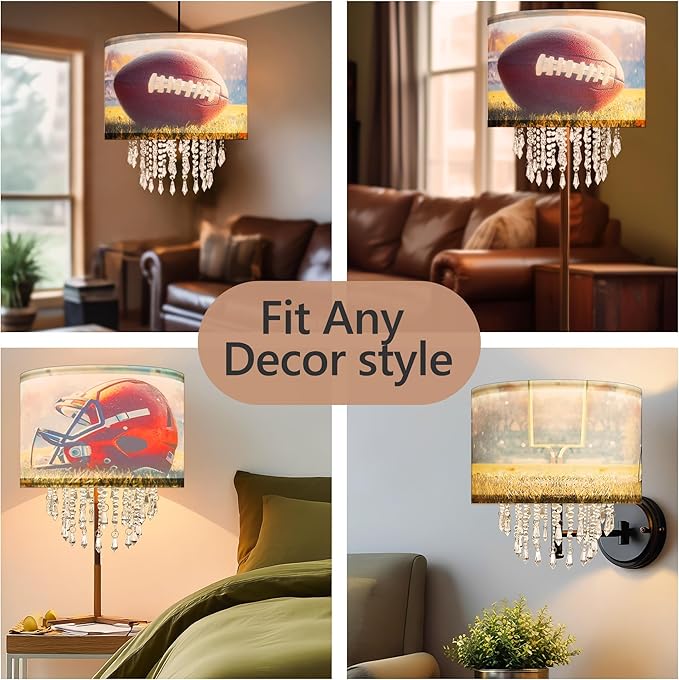 Star Vision American Football & Helmet Drum Fabric Lampshade with Acrylic Beaded Droplets, Sport Theme Light Shade for Pendant, Table, Wall & Floor Lamps, Sports Bar Decor, Man Cave Lighting
