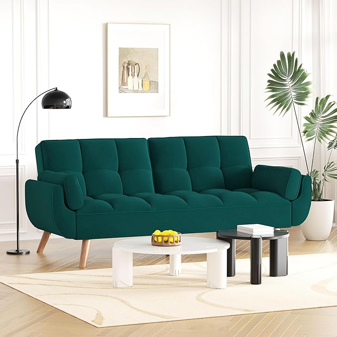 Futon Couch for Small Spaces & Apartment, 2-in-1Modern Comfy Loveseat Convertible Sofa Bed, 75.4-Inch Compact Design for Living Room, Dorms, and Studios-Green