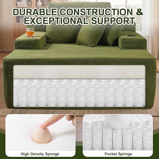 Chaise Lounge Chair Indoor, 67" Oversized Comfy Cloud Velvet Sleeper Sofa Bed with Cup Holders and Wide Armrests, Boneless Upholstered Recliner Bed, Modern Cloud Couch for Living Room, Green