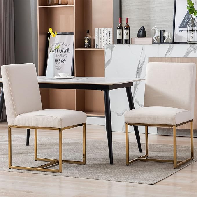 VESCASA Linen Upholstered Dining Chairs Set of 4, Mid Century Modern Padded Chair with Gold Metal Frame for Restaurant, Dining Room, Kitchen, Cream