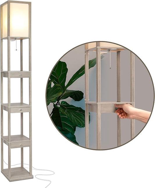 Brightech Maxwell Drawer Edition - Modern Shelf Floor Lamp with Drawer - Corner Display Floor Lamps with Shelves for Living Room, Bedroom and Office - Rustic Wood