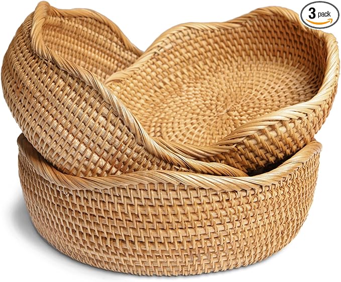 HITOMEN Handmade Rattan Bread Baskets Round Wicker Fruit Serving Storage Bowls, Natural Woven Decorative Kitchen Counter Organizing (Honey Brown) Set of 3