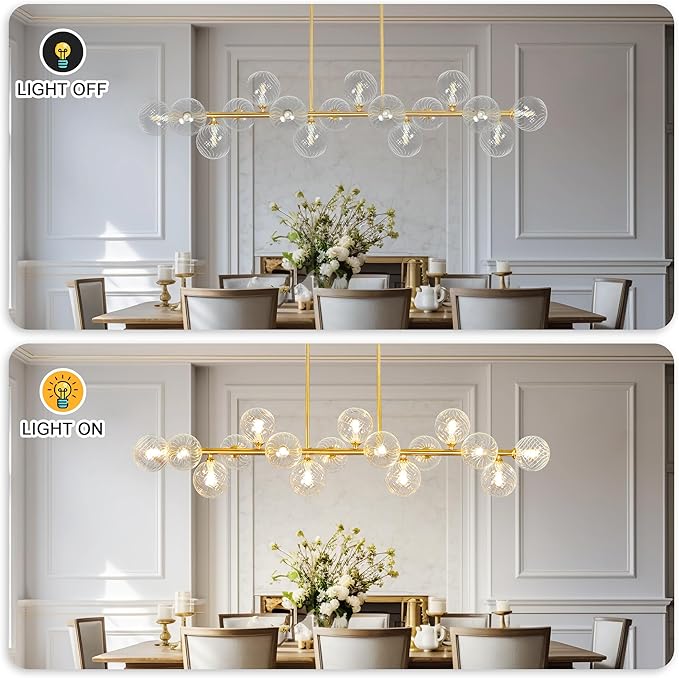 Modern Chandeliers for Dining Room Clear Glass 55" Large Dining Room Light Fixture, Gold Linear Sputnik Chandeliers Farmhouse Chandelier Kitchen Island, Electroplated Brass and Swirled Globe Shade