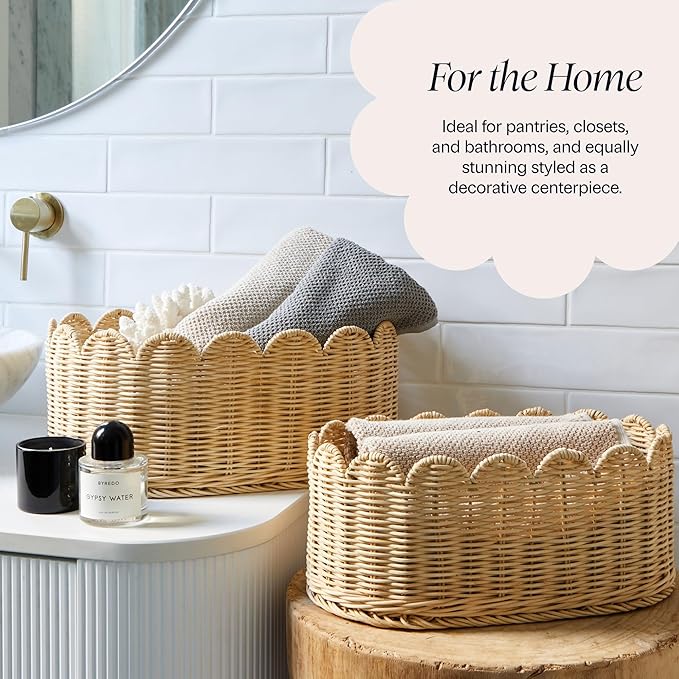 BEBE BASK Premium Scalloped Basket Set Of 2 - Scallop Basket - 16 x 10 x 7 Inch - Hand-Woven Elegant Wicker With Scalloped Edge - Nursery Storage (Natural)