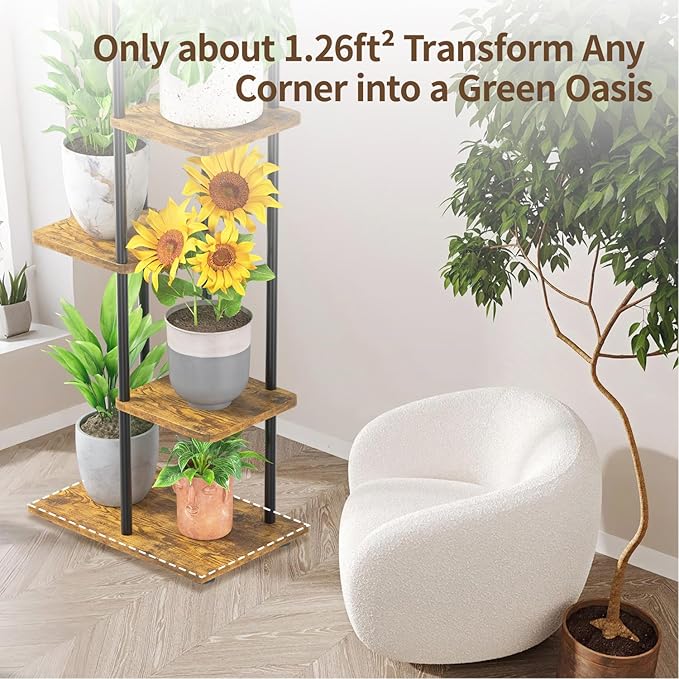 LASZOLA Black 5 Tier Wood Tall Plant Stand Indoor with Grow Lights, Large Heavy Duty Vertical Corner Rack for Multiple Planter, Sturdy Metal Rustic High Flower Shelf Holder Organizer for House Patio