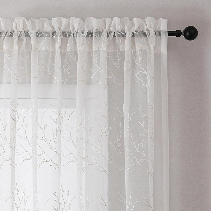 VISIONTEX Sheer Curtains 72 inch Length 2 Panels Set, Decorative Beige Coral Embroidery, Rod Pocket Embroidered Window Drapes for Living Room and Bedroom, 54" x 72"