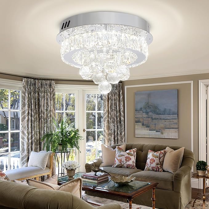 Flashing God 12" Modern Crystal Chandeliers Flush Mount Ceiling Light Silver Chandelier for Hallway LED Dimmable Light Fixture for Dining Room Living Room Bedroom