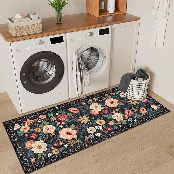 DUKINO 2x5 Runner Rug for Hallway, Washable Kitchen Floral Runner Rug with Non Slip Backing, Low Pile Soft Boho Carpet for Kitchen, Hallway, Entryway, Laundry, Bedroom, Black
