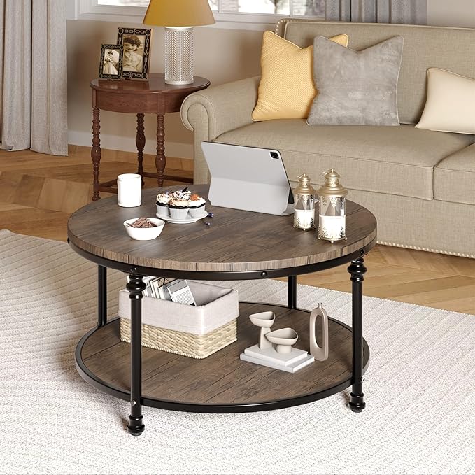 Garvee Round Coffee Table, 2 Tier Center Table with Storage for Living Room, 30.5 x 18 Inches, Wood Center Table for Living Room, Apartment, Easy to Assemble
