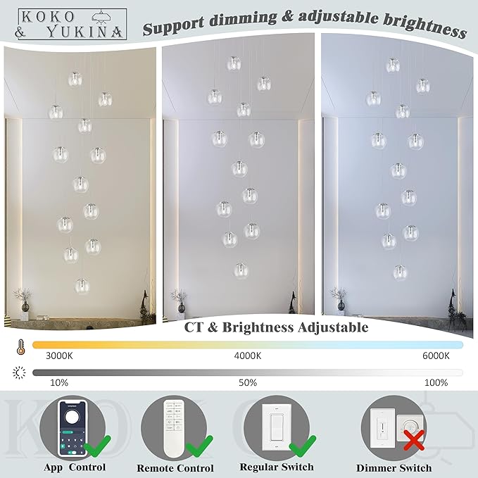 KoKo&Yukina 12-Light Nickel Mid Century Modern Chandelier for Living Room Staircase Chandelier for Entryway Clear Globe Glass Chandelier High Ceiling Chandeliers Foyer Entryway (Bulb & Remote Incl.)