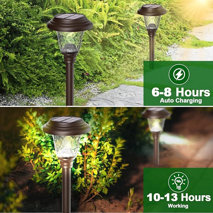 BEAU JARDIN 8 Pack Solar Pathway Lights Stainless Steel Outdoor Solar Powered Waterproof Glass High Lumen for Garden Landscape Path Yard Walkway Patio Driveway Outside White Color Changing Bronze