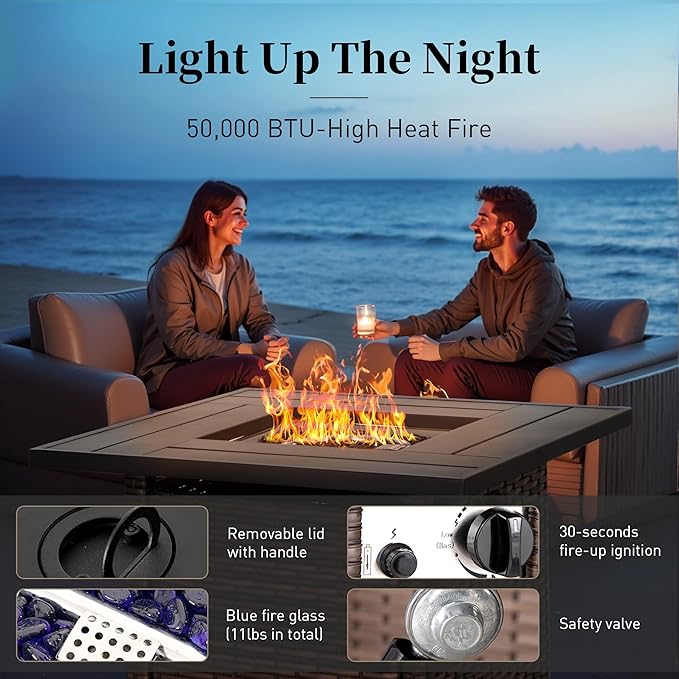 Patio Furniture Set Outdoor Furniture Brown Wicker Rattan Patio Conversation Sets with Cushion Outside Sofa Set,7 Pieces with Firepit Table,9 Seats,Blue