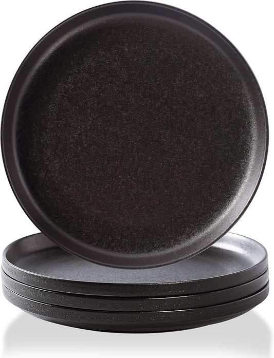 Ceramic Flat Plates Set of 4-8 in - The Dessert, Salad, Appetizer, Small Lunch, etc Plate. Microwave, Oven, and Dishwasher Safe, Scratch Resistant. Kitchen Porcelain Dish-Matte Black