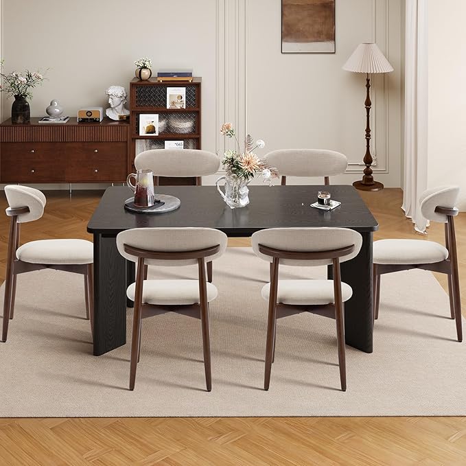 7-Piece Rectangular Dining Table Set for 6, 63" Industrial Kitchen Table with 6 Wooden Upholstered Dinner Chairs for Dining Room, Kitchen, Living Room, Black+Beige