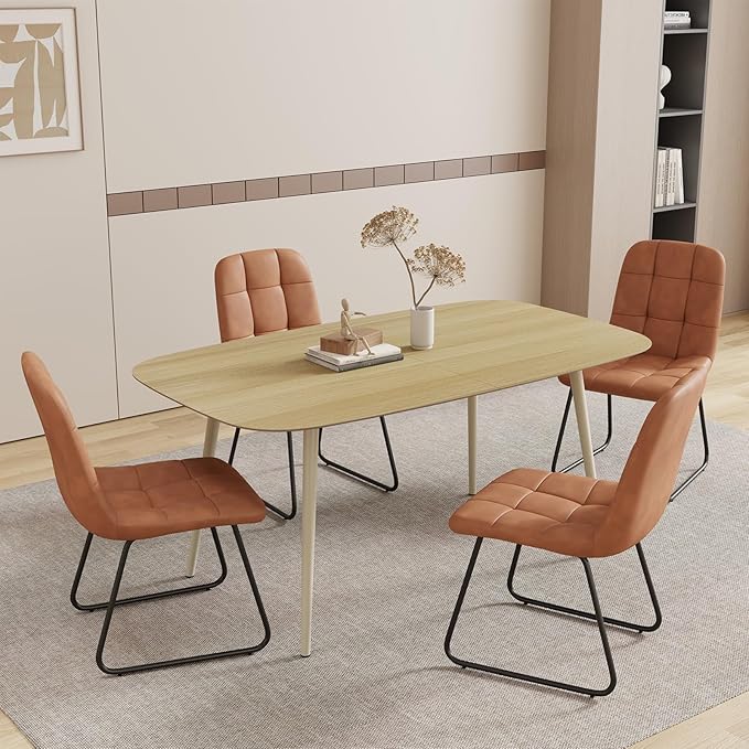 55.1'' Dining Table Set for 4,Modern Wood Dining Table,Leather Dining Chairs 4,Table and Chairs Set of 4,Ideal for Kitchen Dining Room (Cat Scratch Table + 4 U-Shaped Brown Chairs, 55.1")