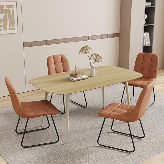 55.1'' Dining Table Set for 4,Modern Wood Dining Table,Leather Dining Chairs 4,Table and Chairs Set of 4,Ideal for Kitchen Dining Room (Cat Scratch Table + 4 U-Shaped Brown Chairs, 55.1")