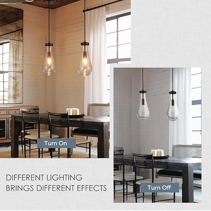 Raindrop Pendant Light Fixtures Set of 3, Black Glass Pendant Lighting, Hand BlownTeardrops Modern Hanging Light for Entryway Foyer Kitchen Island Dining Living Room Hallway