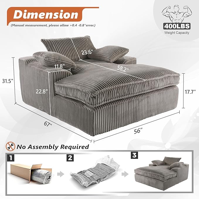 Oversized 67" Chaise Lounge Chair Indoor, Corduroy Upholstered Deep Seat Sofa Couch, Cloud-Soft Boneless Lounger, Comfy Reading Chairs for Living Room & Bedroom, No Assembly Required (Grey)