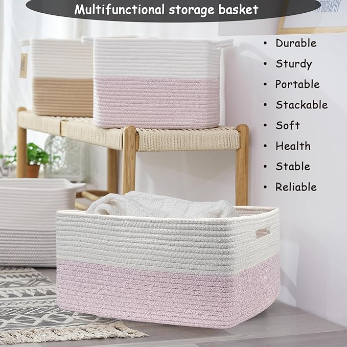 COMFY-HOMI 3 pcs Large Storage Baskets for Shelves, Laundry Basket, Woven Rope Basket, Closet Organizer Bins for Clothes Blanket Towels, Baby Nursery, Gift Toy Baskets, 17” x 13” x 7.5”-White/Pink