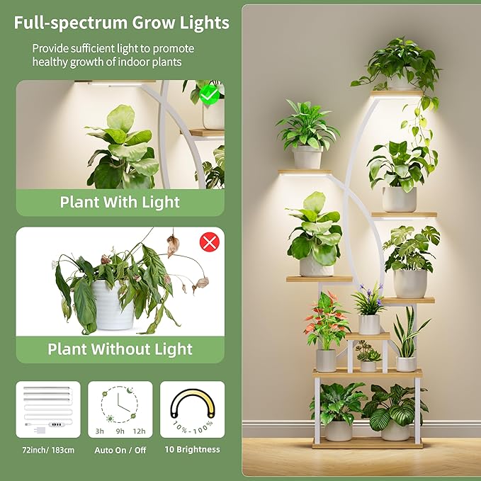 Plant Stand Indoor with Grow Lights, 8 Tiered Tall Plant Shelf for Indoor Plants Multiple, 65" Large Corner Shelves Metal Curved Flower Holder Display Rack for Living Room Patio Balcony, White