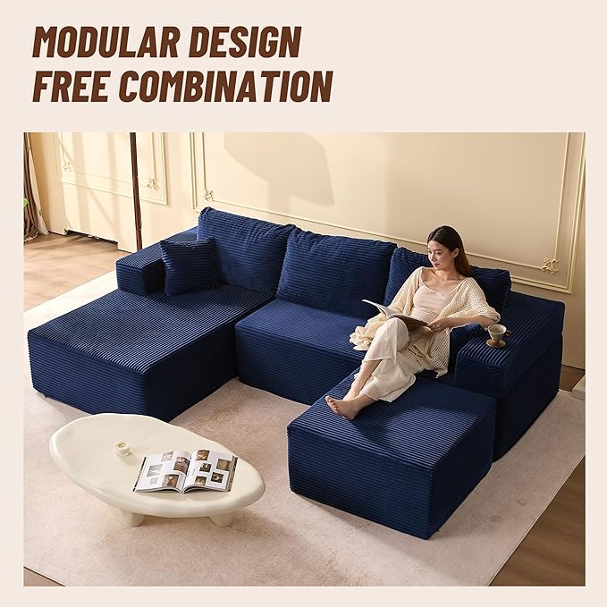 107" Boneless Couch with Deep Seat, Modular Sectional Sofa, Cloud Sectional Couch for Living Room, No Assembly Required, Corduroy, U-Shape 3 Seater Left, Blue
