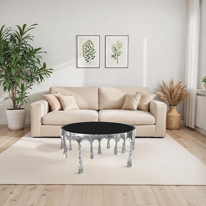 TUP THE URBAN PORT Capri Coffee Table | 36 Inch Round Glass Top | Melting Drip Design | Silver