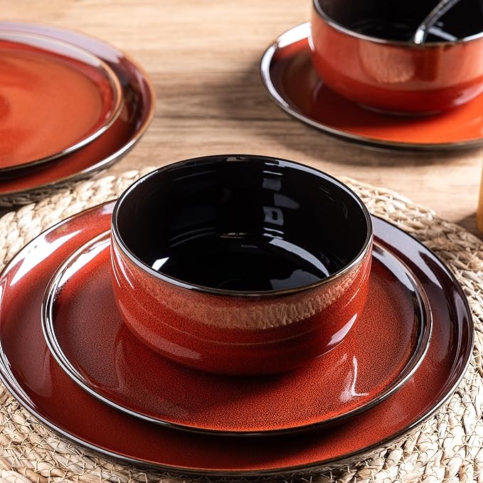 LeRatio Ceramic Dinnerware Sets for 6,Porcelain Plates and Bowls Sets,Handmade Reactive Glaze Dishes Set,Chip Resistant and Scratch Resistant | Oven&Dishwasher & Microwave Safe-Red(18PCS)