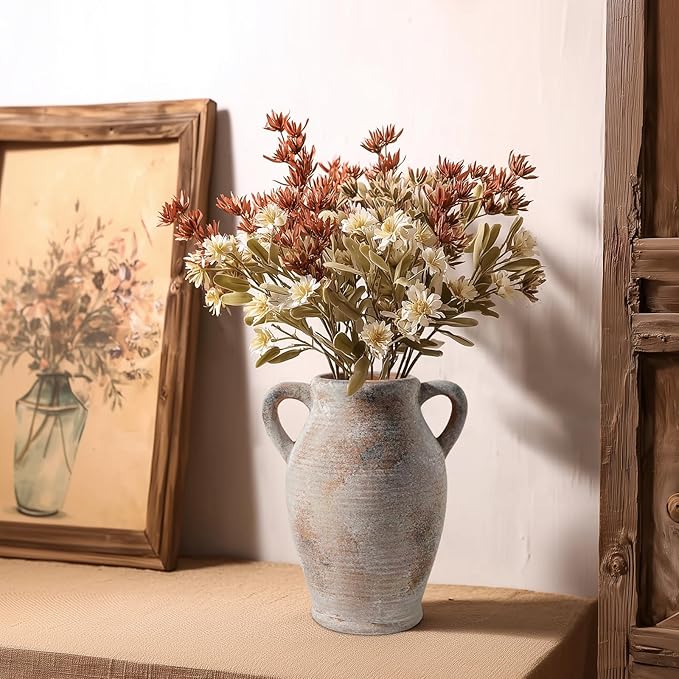Sunddo 8 inch Rustic Vase for Home Decor, Farmhouse Terracotta Decorative Vase with Handles, Centerpiece Table Decorations, Distressed Living Room, Shelf, Mantle, Entryway, Table Decor