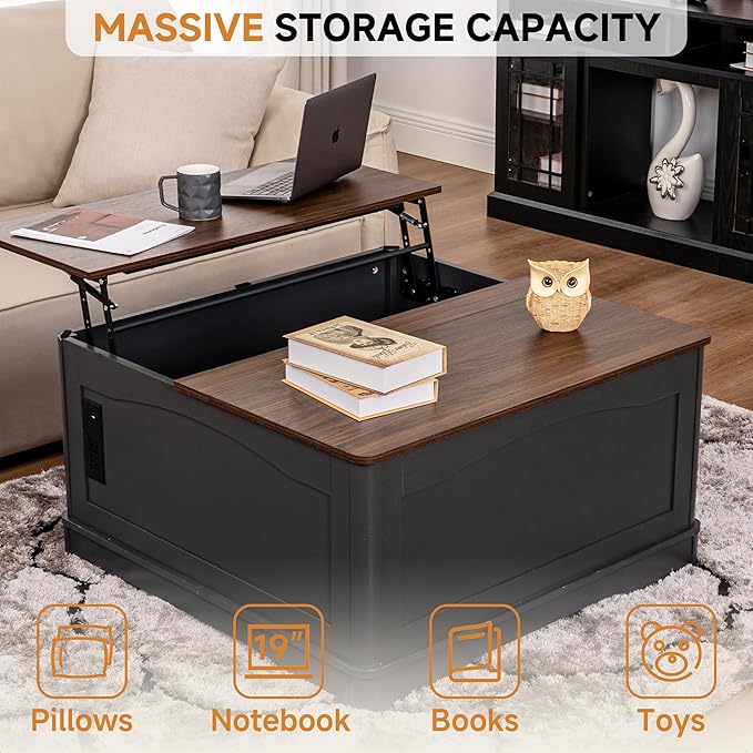 35" Farmhouse Lift Top Coffee Table, Wood Square Center Table with Charging Station, Living Room Table Hidden Storage, Living Room, Bedroom, Office, AC, USB Output (Walnut Black, 35.4 inch)