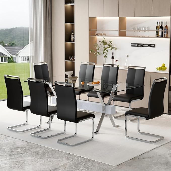 9 Piece Glass Dining Table Set, 79" Modern Dining Table Set for 8, 0.5" Thick Tempered Glass Tabletop with Silver Chrome Metal Legs and Grey Crossbar, 8 PU Chairs for Dining Room, Kitchen