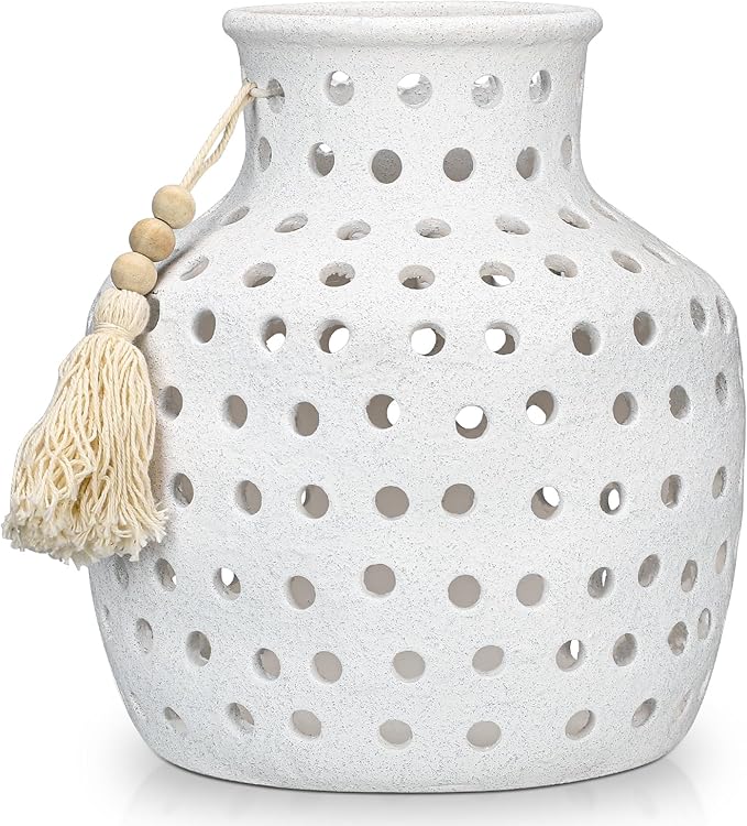 Ceramic Flower Vase Home Decor - 10 Inch Rustic Hollow White Pottery Vase Modern Farmhouse Vintage for Centerpieces House Living Room Dining Table Shelf Mantel Decoration