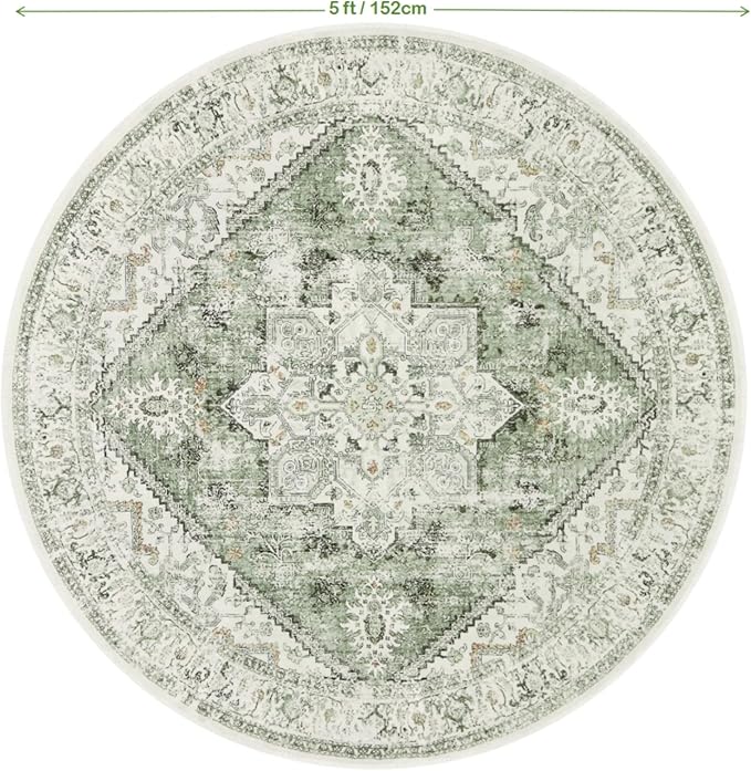 LIVEBOX Medallion Round Area Rug 5ft, Vintage Washable Sage Green Circle Rug for Bedroom, Low-Pile Soft Round Carpet for Living Room, Ideal for High Traffic Areas in Entryway