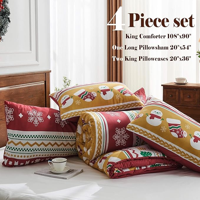 Bonlino Christmas King Comforter Set - 4 Pieces Fluffy Bedding, Farmhouse Boho Lightweight Xmas Red Striped Comforter for King Size Bed