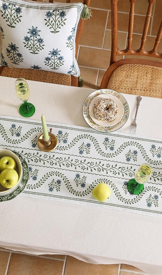 Designer White Elegant Linen Table Runner 102 Inches Long,Chinoiserie Floral Decor Durable Table Runners for Dining Tables,Thanksgiving,Kitchen Tables,Christmas,12"*102"-Mosella D