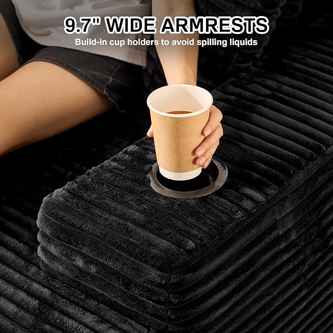 Chaise Lounge Chair Indoor, 67" Oversized Comfy Plush Fur Sleeper Sofa Bed with Cup Holders and Wide Armrests, Boneless Upholstered Recliner Bed, Modern Cloud Couch for Living Room, Black